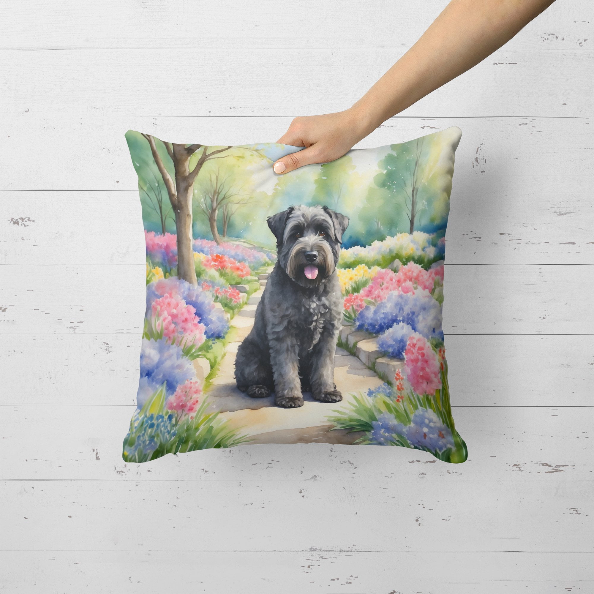 Bouvier des Flandres Spring Path Throw Pillow 18 in x 18 in