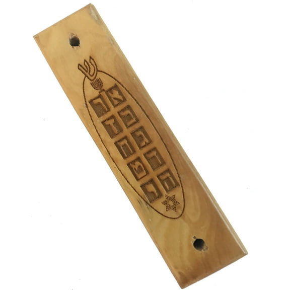 Menorah with Star of David and 10 Commandments Polished Olive Wood Mezuzah (4 inches) - fits 2.5 Inch Klaf
