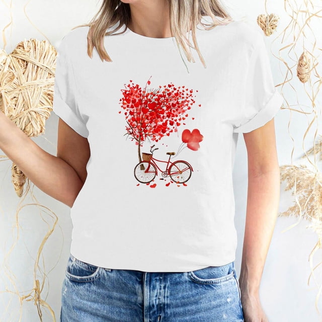 T-shirt à Manches Courtes Imprimé Amour de la Saint-Valentin pour Femmes, Col Rond
