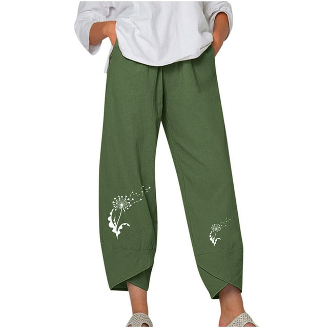 VEKDONE Pantalon Long en Coton et Lin pour Femmes Imprimé Vert P
