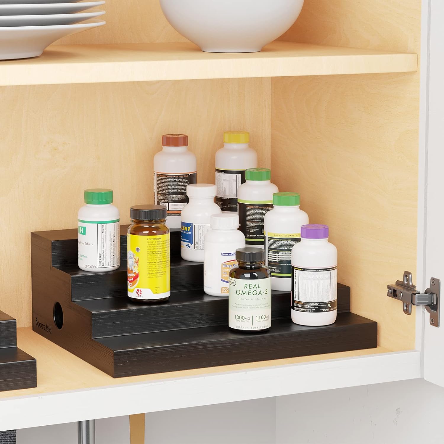 SpaceAid Expandable Spice Rack Organizer for Cabinet, Bamboo, 4 Tier, Black