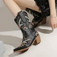 thumbnail image 3 of Cowboy Boots for Women Floral Embroidery Pointed Toe Chunky Heel Mid Calf Western Booties Country Concert Dress Cowgirl Boots Black Size 6.5, 3 of 7