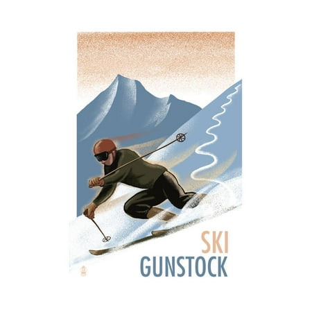 Ski Gunstock - Downhill Skier Lithography Style Print Wall Art By Lantern