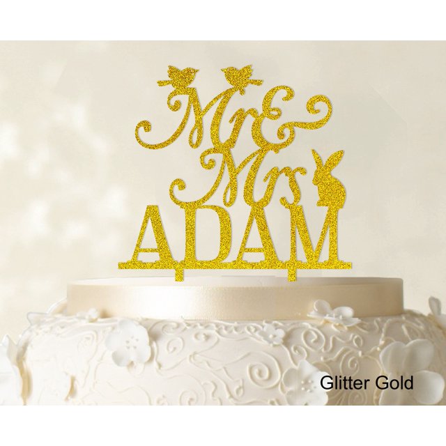 Mr And Mrs Wedding Custom Cake Topper With Birds And Rabbit Elegant Color Option Available 6-7 Inches Wide