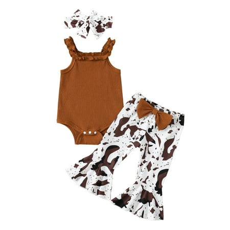 

Infant Baby Girls Clothes Suits Solid Color Ribbed Sleeveless Frills Sling Romper Print Flare Pants Bow Headband 3Pcs Set