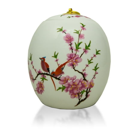 - Ceramic Memorial Urn For Adults - Large 135 Pounds - White Floral Lovebirds - Engraving Sold Separately