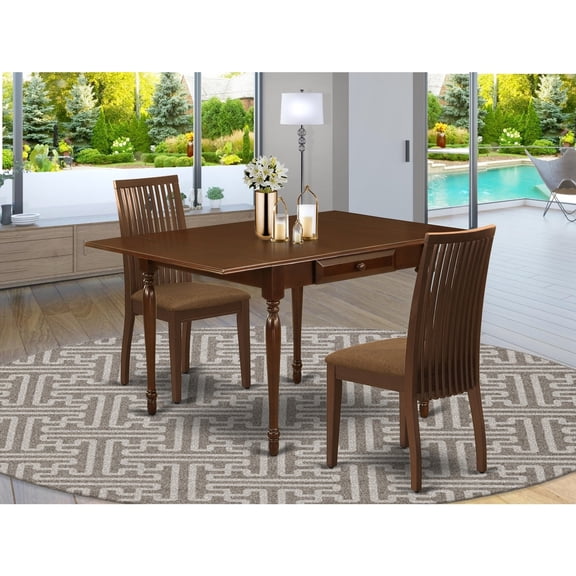 Wood Dining Table Set 3 Piece - Linen Fabric Chairs, Drop Leaf Table, Mahogany Finish