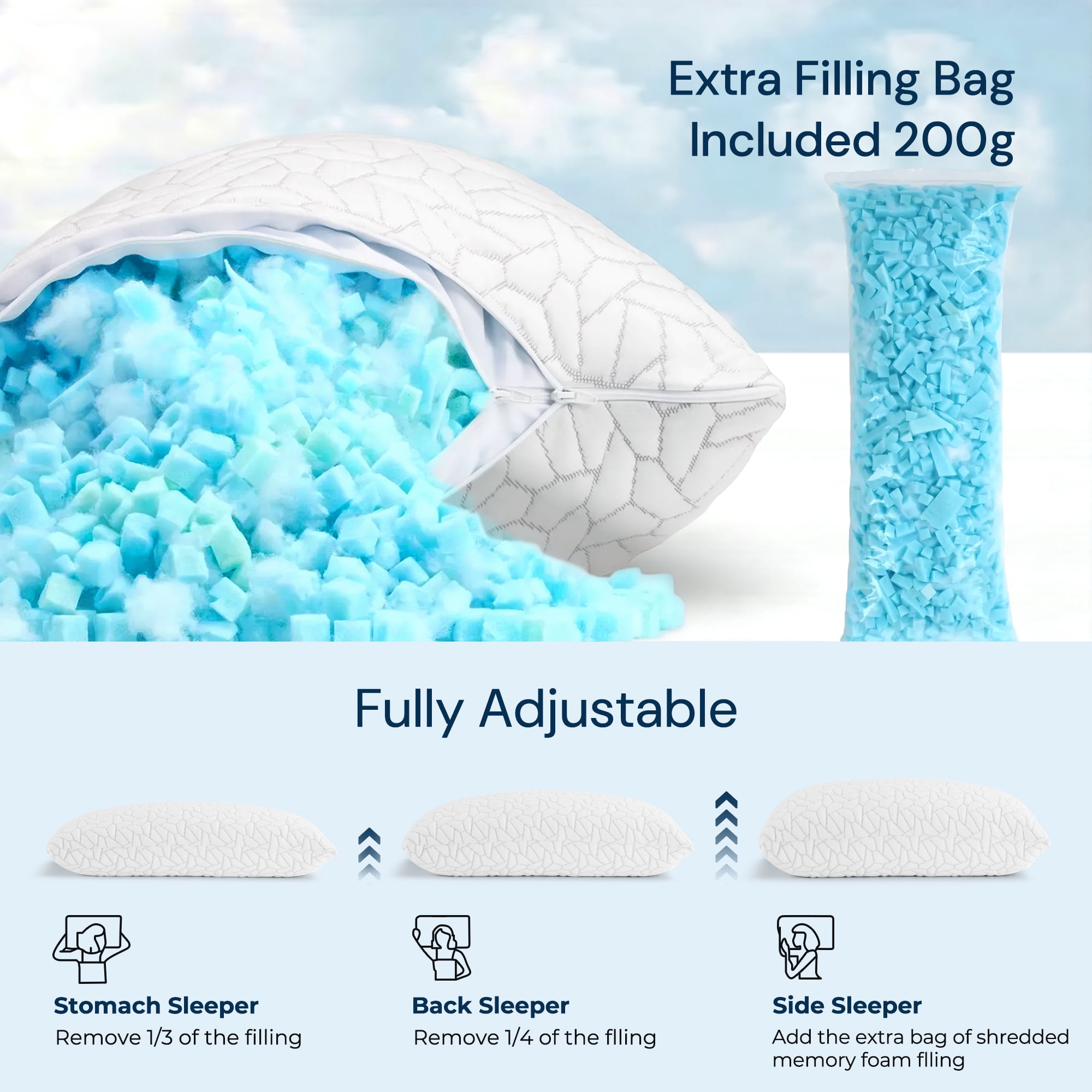 MARNUR Cooling Shredded Memory Foam Pillow Queen Set of 2, Adjustable Bamboo Shredded Pillow for Side, Back & Hot Sleepers