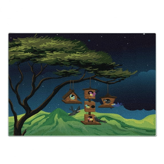 Birdhouse Cutting Board, Flying Birds in Artificial Tree Nest at Night Illustration, Decorative Tempered Glass Cutting and Serving Board, in 3 Sizes, by Ambesonne