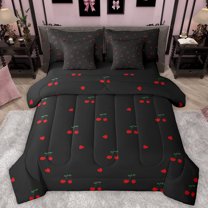 Manfei Kawaii Cute Cherry Twin Bedding Sets 7-Piece for Kids, Yummy Fruit Bedding Comforter Set, Black Red Love Heart Reversible Sheet Sets, Super Cozy Room Decor