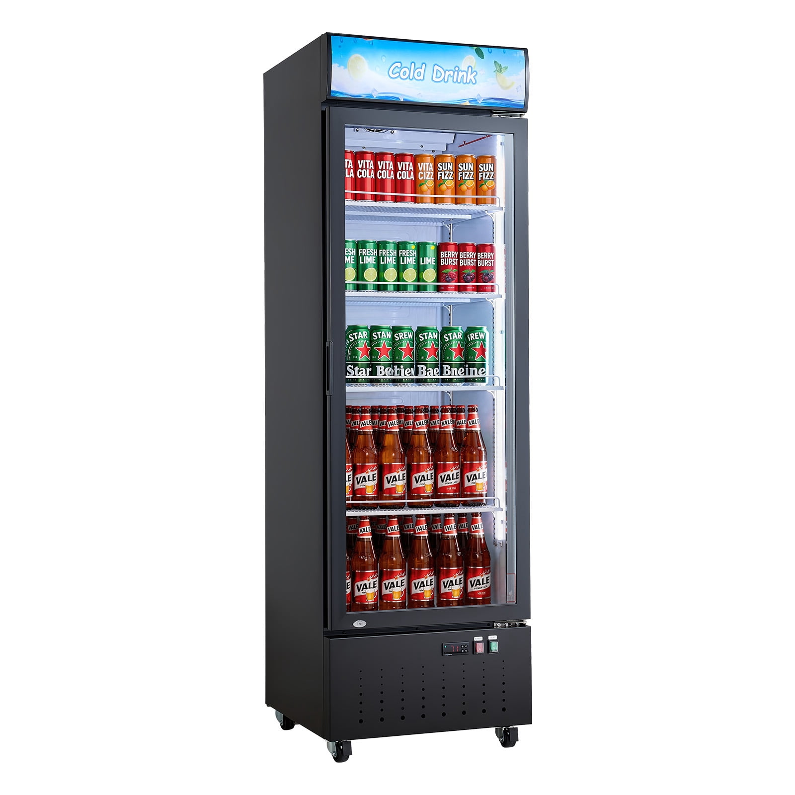 KFFKFF Commercial Glass Door Refrigerator, 12.7 Cu.Ft / 360 L Upright Beverage Cooler with Adjustable Shelves, LED Lighting, and Customizable Lightbox for Home or Retail Use