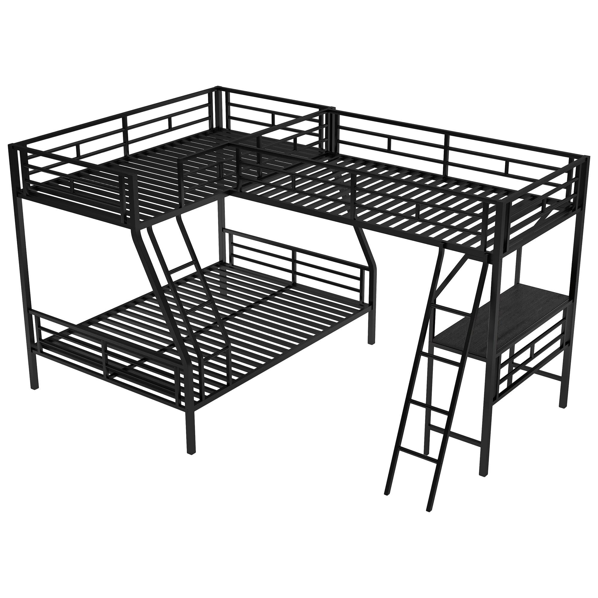Aukfa Twin-Over-Full Metal L-Shaped Triple Bunk Bed with a Twin Loft Bed and Desk for 3 Kids Teens - Black