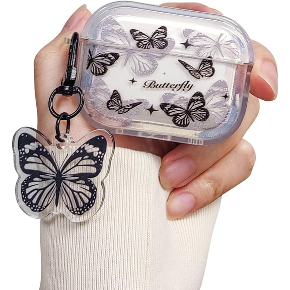 Compatible for AirPods Case, Cute 3D Pink Butterfly Clear TPU Shockproof Cover Case with Bow Chain Keychain for Women Girls for Airpods 3-Black