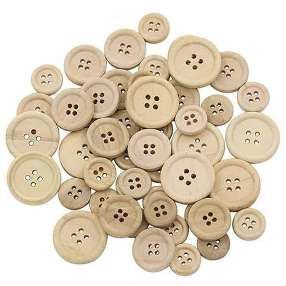 Huanledash 50 Pcs Mixed Wooden Buttons Natural Color Round 4-Holes Sewing Scrapbooking DIY