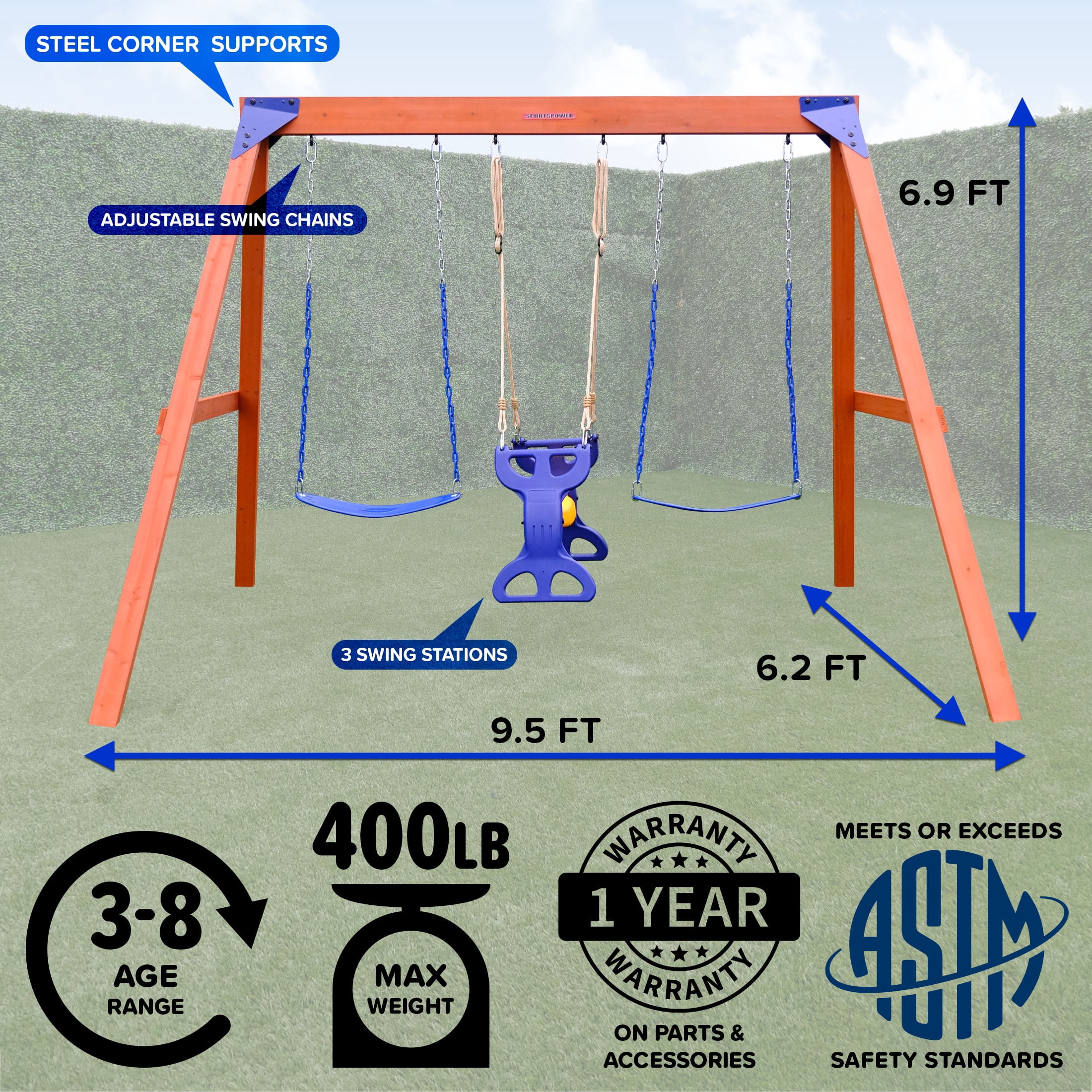 Sportspower™ Madison Wooden Swing Set with 2 Height Adjustable Swings and 2 Person Roman Glider Swing, Backyard Outdoor Playset for Kids