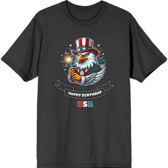 Americana Happy Birthday USA Charcoal Men's Crew Neck Short Sleeve Tee-Medium