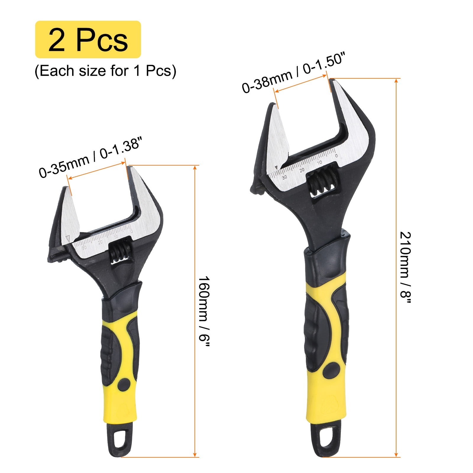 2pcs Adjustable Wrench 8" 6" CR-V Universal Spanner Wide Opening, Black/Yellow