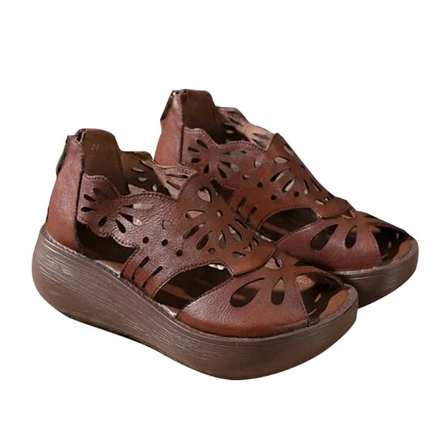 PU Leather Roman Hollow Sandals Women's Platform Open Toe Shoes Back Zipper Design Summer Supply