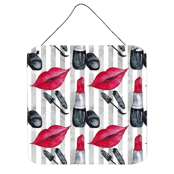 Watercolor Lipstick and Grey Stripes Wall or Door Hanging Prints