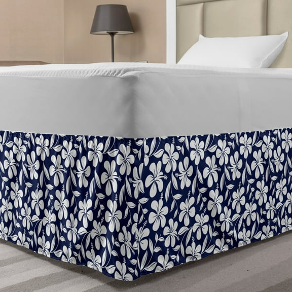 Hawaiian Bed Skirt, Hibiscus Flower Silhouettes Repetition Aloha Summer Party Themes Print, Elastic Bedskirt Dust Ruffle Wrap Around for Bedding Decor, 4 Sizes, Night Blue and White, by Ambesonne