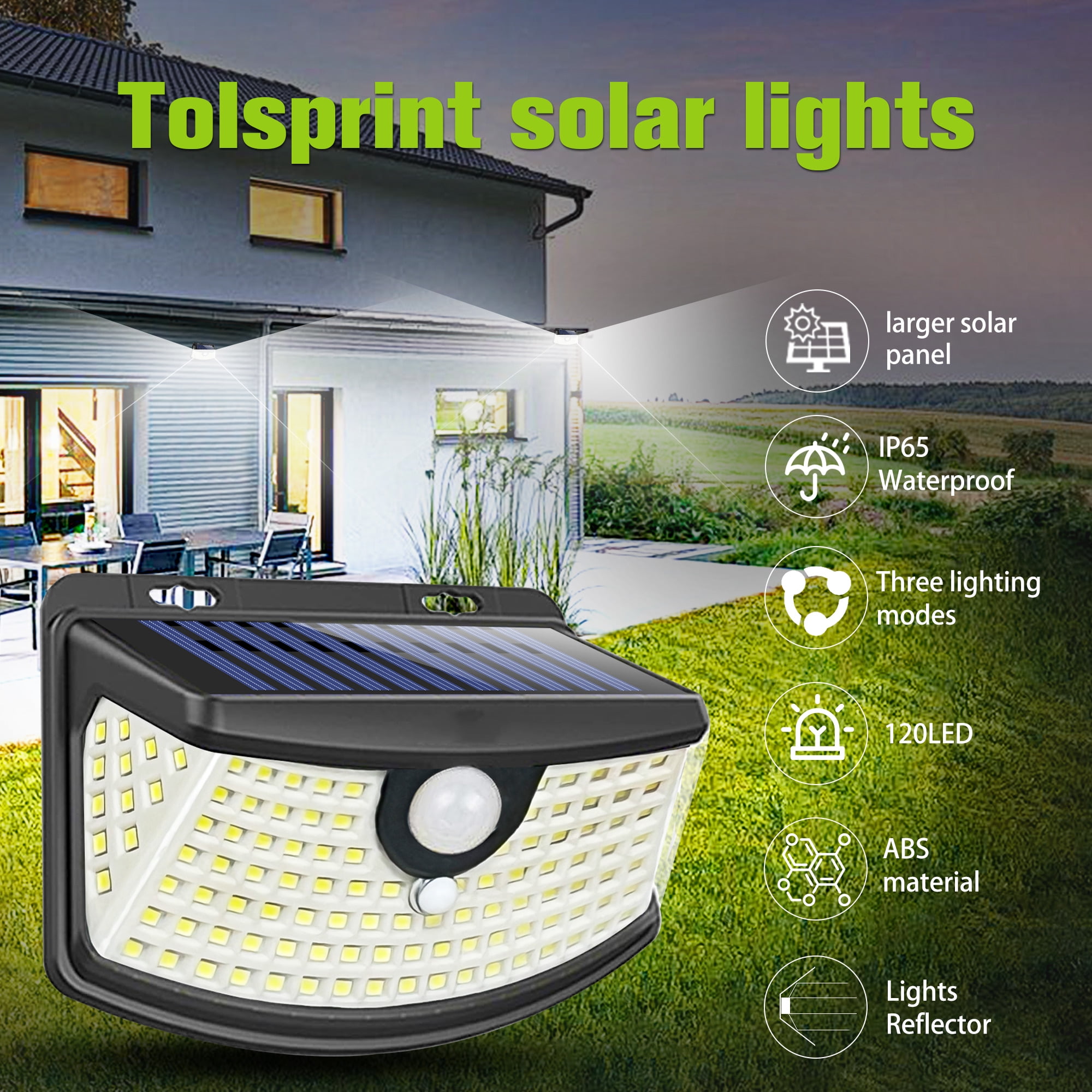 Tolsprint Solar Powered Outdoor Lights,IP65 Waterproof motion sensor light with 120 LEDs,270° Wide Angle,Outdoor Lights for Front Door,Yard, Garage,Fence(6 Packs)