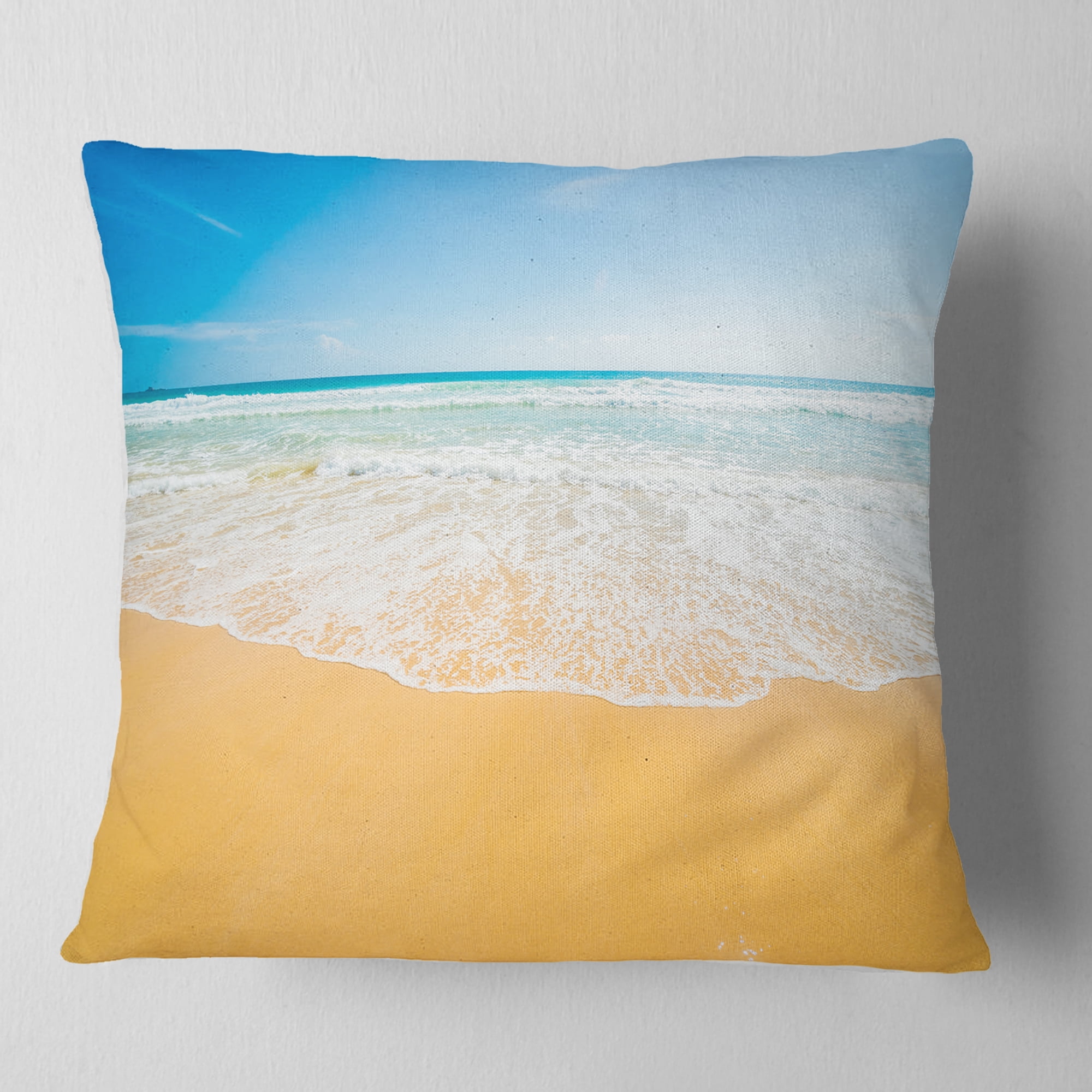 Designart Long Waves on Sand under Blue Sky - Seascape Throw Pillow - 18x18