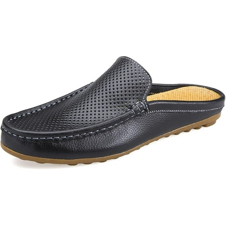 Men s Hollow Leather Slip On Mules Clog Slippers Casual Round Toe Backless Flat Loafers Dress Shoes for Walking Wedding