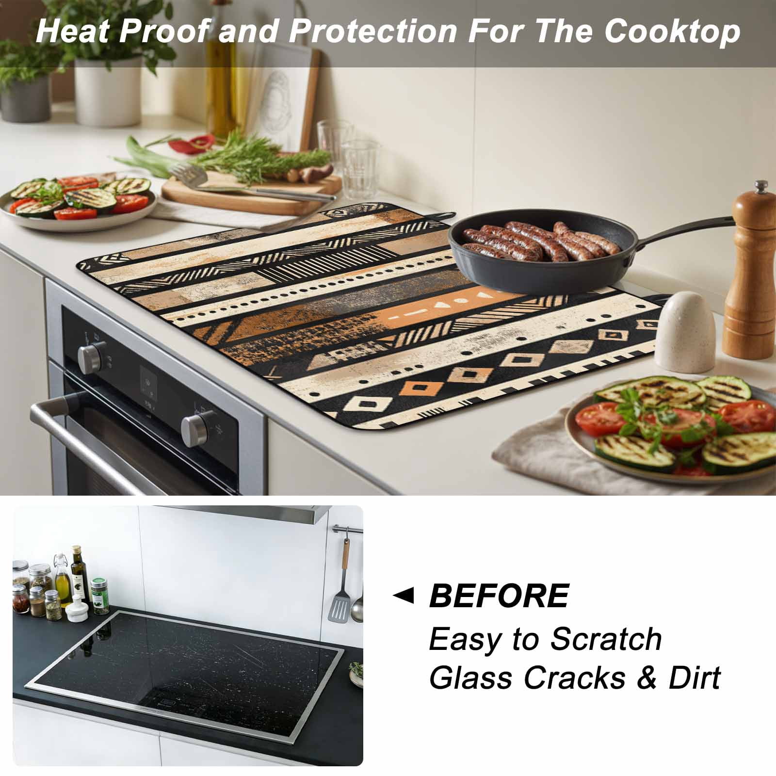 Retro Boho Geometric Stove Top Cover for Electric Stove, Heat-proof & Non Slip Glass Top Stove Cover Protector, Abstract Southwestern Ethnic Kitchen Flat Cooktop Rubber Mat 24x21 Inches
