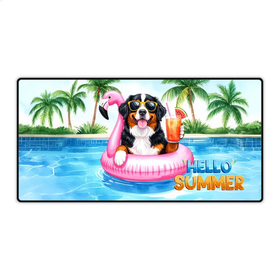 Hello Summer Bernese Mountain Dog at Swimming Pool Flamingo Swim Ring Desk Mat Full Keyboard Mouse Pad Berner Lover Gifts Large Mousepad - 12009