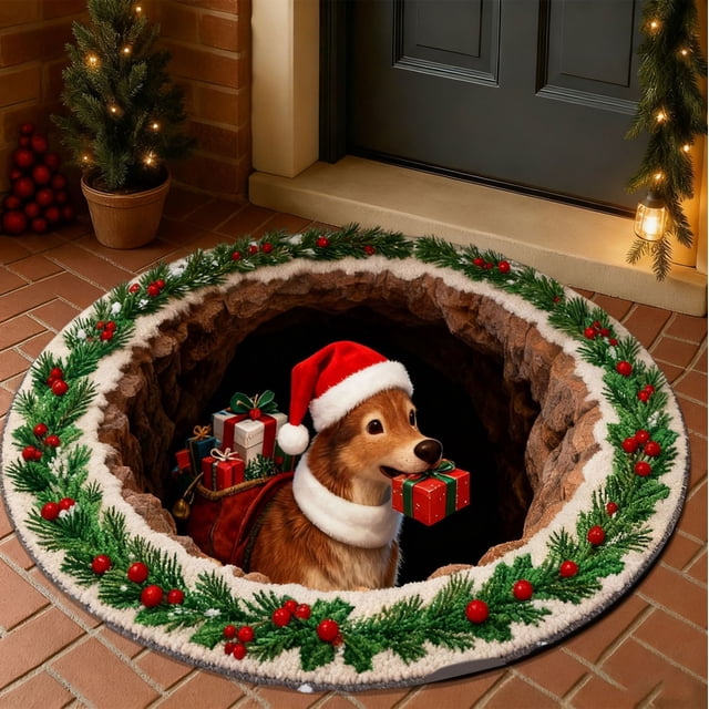Christmas Circular Carpet Stereoscopic Visual Effect Entrance Door Mat Household Absorbent Nonslip Foot Mat Dirt Proof Mat Bathroom Nonslip Mat Size 23.6 Inch