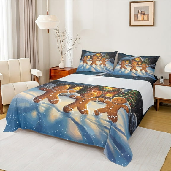 Castle Fairy Gingerbread Man 3pcs Twin Sheet Sets,Happy New Year Twin Fitted Sheet,Festival Theme Breathable Flat Sheet,Ultra Soft Xmas Home Decor