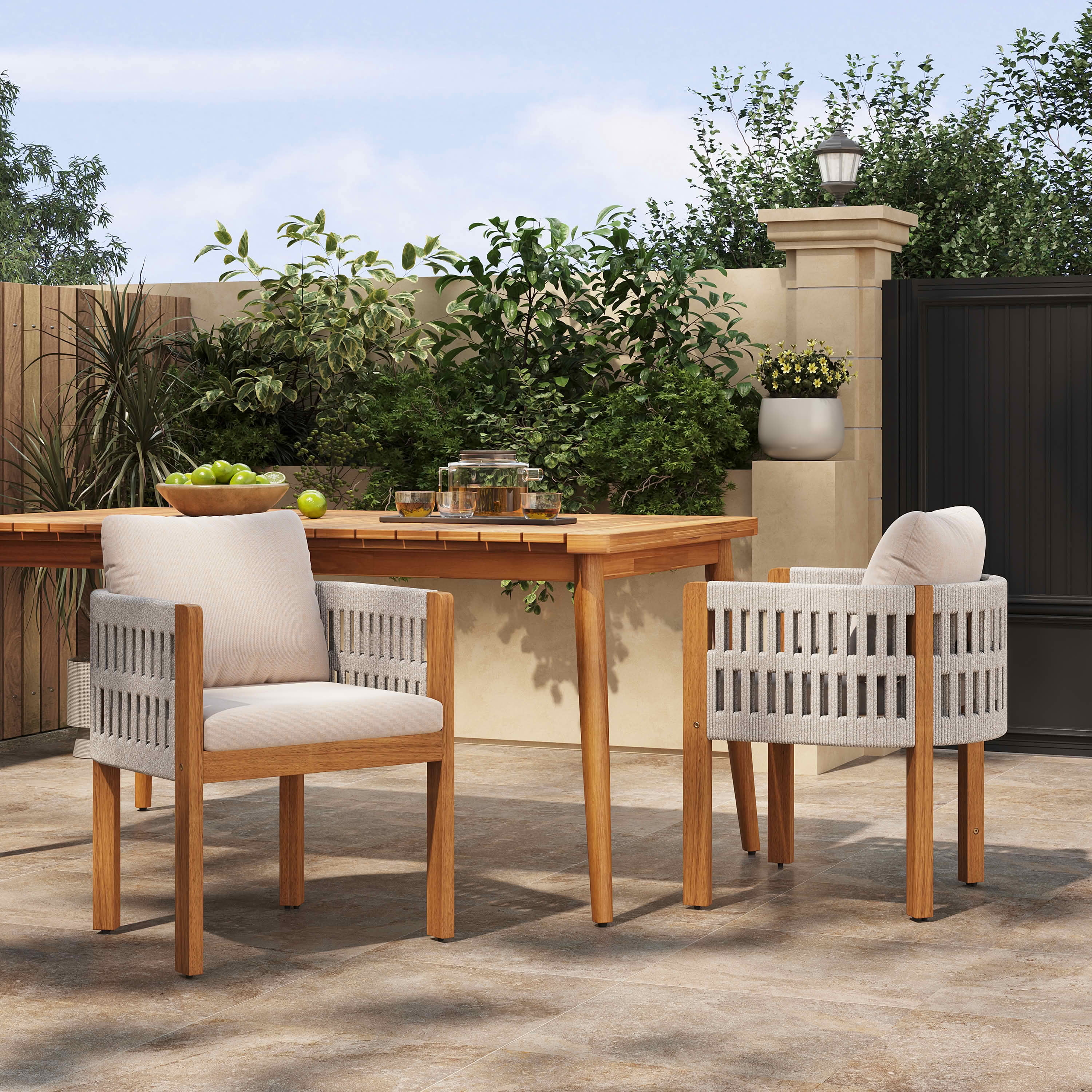MAYEERTY Set of 2 Acacia Wood Patio Chairs with Rope-Wrapped Arms & Waterproof Foam Cushions 400lbs Capacity