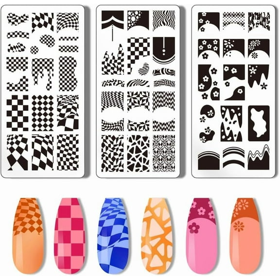 3pcs French Nail Stamper Tartan Nail Stamping Plate French Tip Nail Art Stencils Plaid Wave Print Nail Stencils Stainless Steel Nail Image Plates for Nail Design Print Manicure Salon