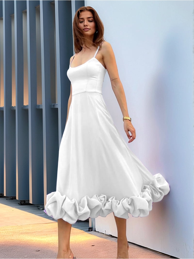 Womens Fashion Spaghetti Strap Flowy A-Line Dress with 3D Floral Appliques  Party Maxi Gown White L