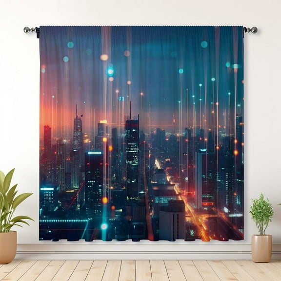 Modern Simple Curtains, Future City Print Blackout Curtains, Suitable For Room Bedroom Decoration(Rod pocket)