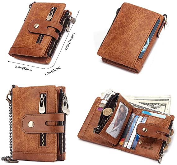 Men's Leather RFID Blocking Trifold Wallets, Double Zipper Wallet with ...
