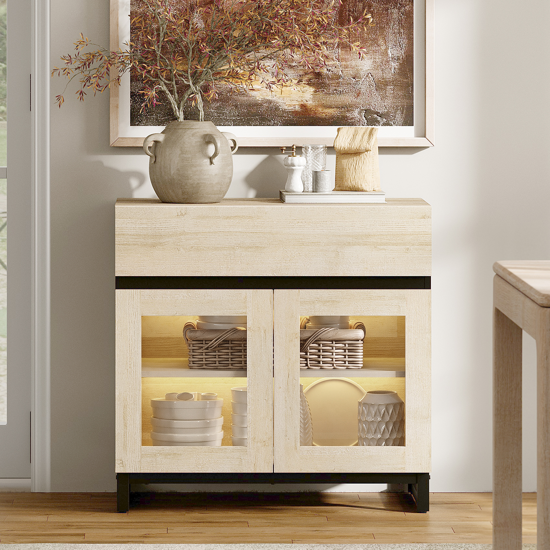 Modern Sideboard Buffet Cabinet with Glass Door & 1 Drawer, Adjustable Shelf Credenza, Coffee Bar Storage Cabinet for Living Room & Kitchen,Beige