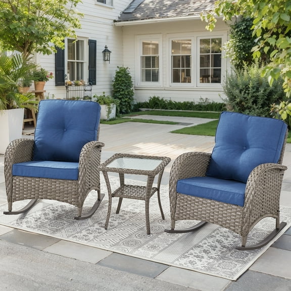 POCASSY 3 Pieces Outdoor Rocking Chair Set - Rocking Patio Chairs with All-Weather PE Wicker & Steel Frame, Patio Furniture Set with Side Table for Porch Balcony, Gray Wicker Blue Cushion