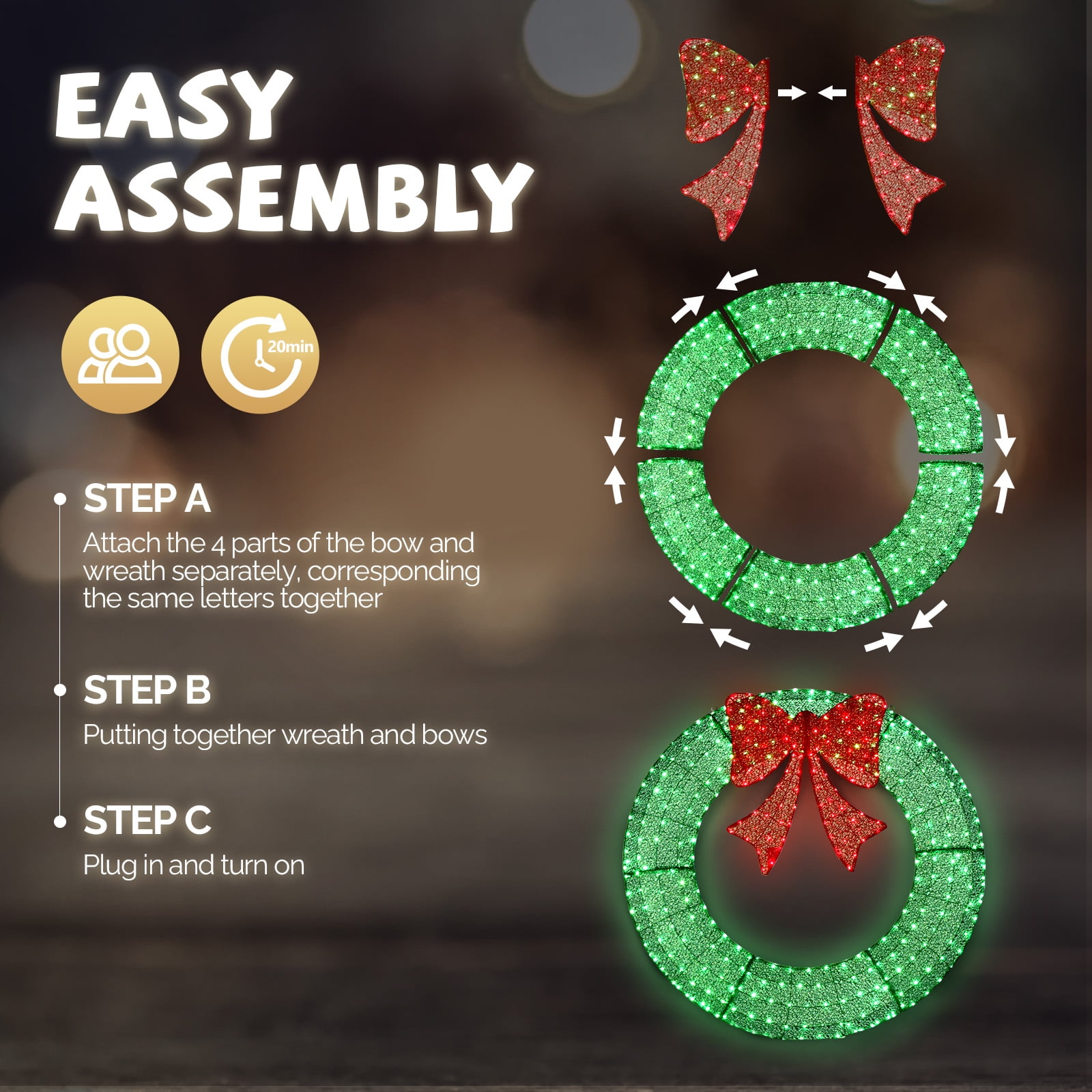 Astoutdoor 60 in Pre-Lit Outdoor Christmas Wreath Decoration with 400 Warm White LED Lights, Red Bow, Green, Metal Frame