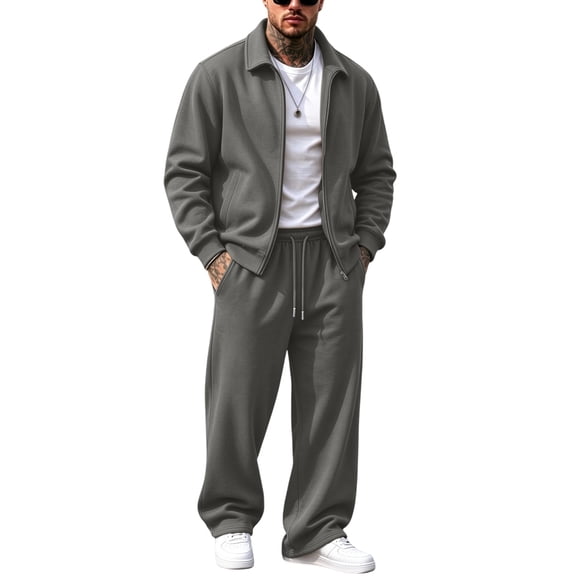 Garbnen Mens Two Piece Sweatsuit Fleece Lined Collared Zip Up Sweatshirt Jacket and Straight Leg Baggy Sweatpants Men Fall Winter Warm Matching Athletic Running Track Suit Mens Gray