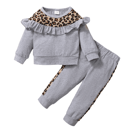

Kucnuzki 3T Toddler Girl Fall-Winter Outfits Pants Sets 4T Long Sleeve Contrast Leopards Prints Cozy Tops Elastic Contrast Leopards Prints Pants 2PCS Set Gray
