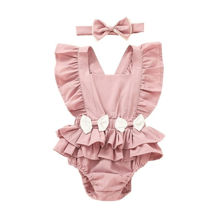 

Mikilon Toddler Baby Girls Fashion Cute Solid Color Ruffles Flying Sleeve Romper Bow Headdress Suit Jumpsuit for Baby Girls 12-18 Months Pink 2023 Deal