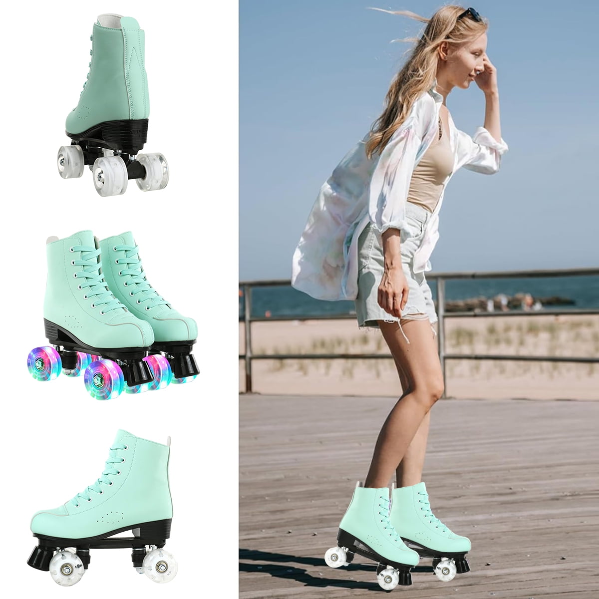 EONROACOO Green Women's Roller Skates for Girls, Lightning Wheels Mens Skates(Women 7/Men 5.5)