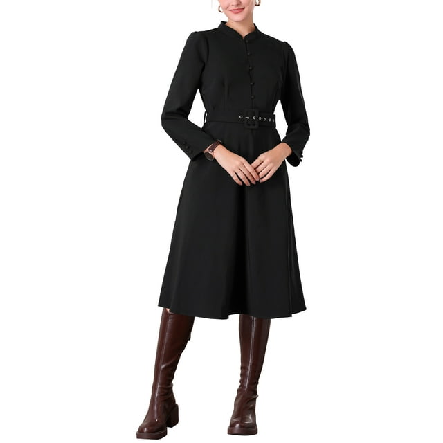 INSPIRE CHIC Vestido A-Line Vintage para Mujeres con Cuello, Manga Larga, Cinturón, Vestido de Trabajo con Falda Acampanada S Negro