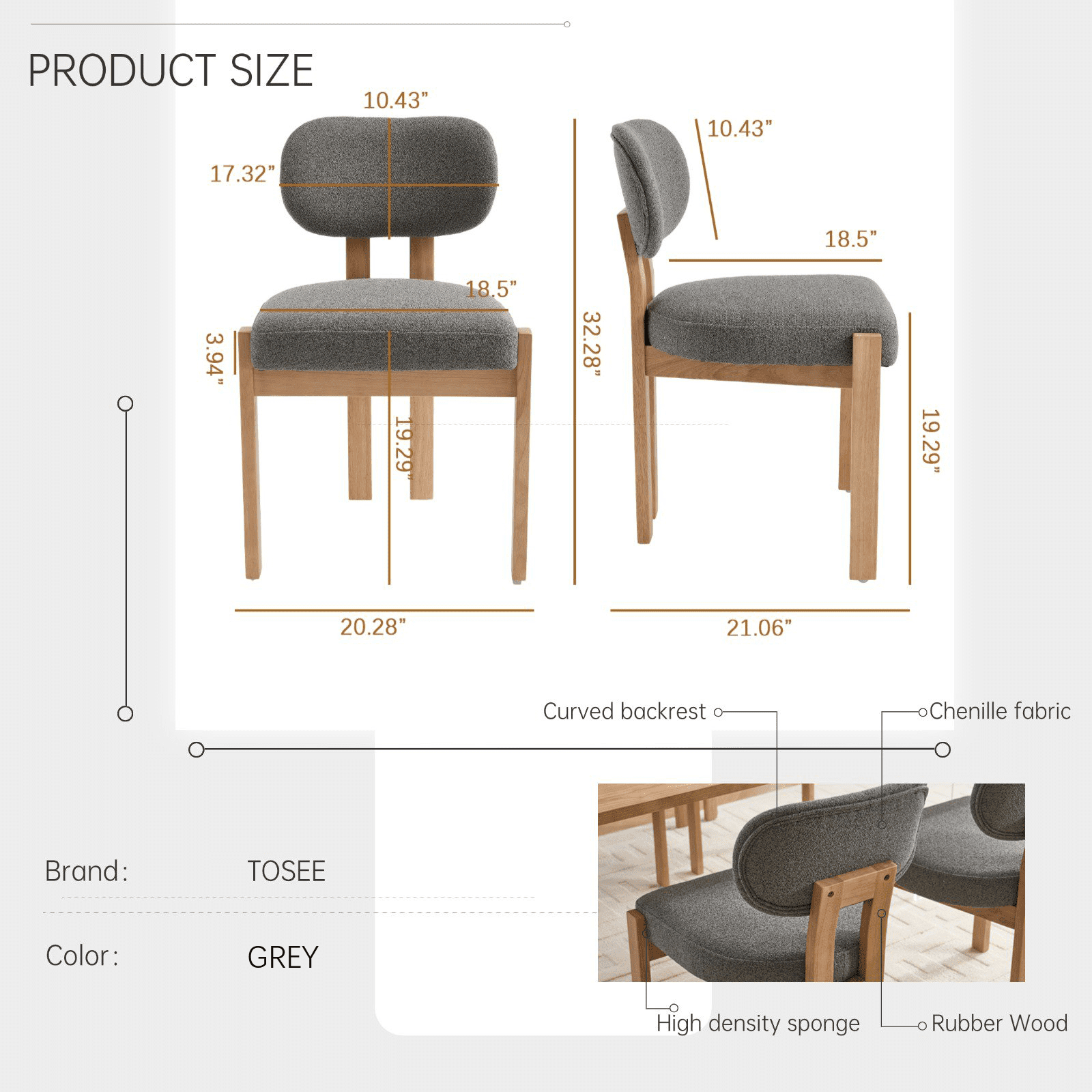 PORKISS Upholstered Dining Chairs Set of 2, Mid-Century Kitchen Chairs with Solid Wood Legs and Cushioned Wingback for Kitchen, Grey