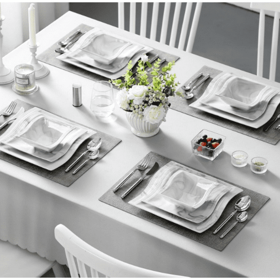 12 Pieces Modern Porcelain Dinnerware Sets for 4, Marble Dishware Set Kitchen Dining Ware Set, Square Ceramic Dish Set, Microwave and Dishwasher Safe,