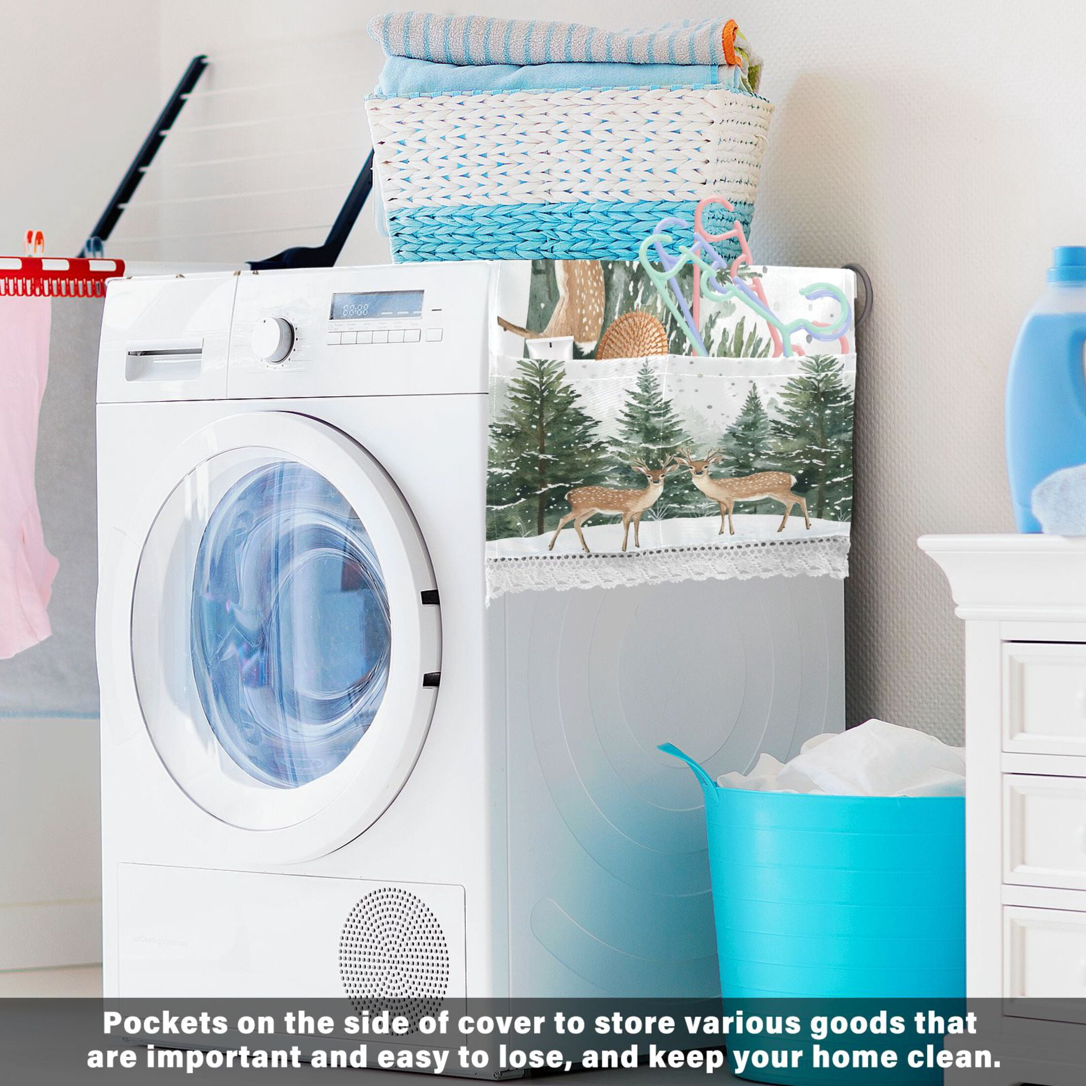Two Deer Are in The SnowWasher and Dryer Covers Dust-Proof and Oil Resistant Fridge Cover with 4 Storage Pockets Washing Machine Top Cover for Laundry Kitchen Home 51.2 x 22 In