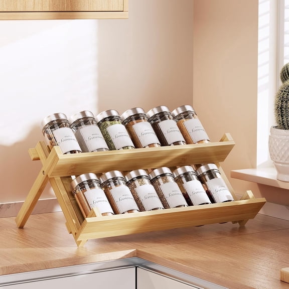 Delamu 2 Tier Foldable Cabinet Organizer Shelf, No Assembly Spice Rack for Cabinet, Countertop, Pantry & Cupboard, Bamboo Spice Organizer Kitchen Shelf