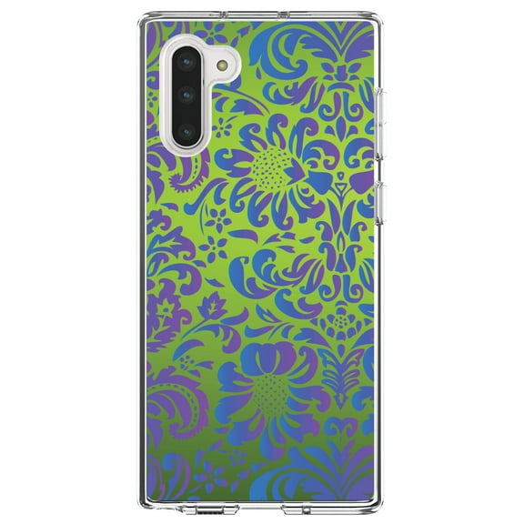 DistinctInk Clear Shockproof Hybrid Case for Samsung Galaxy Note 10 (6.3" Screen) - TPU Bumper, Acrylic Back, Tempered Glass Screen Protector - Green Purple Blue Floral Pattern