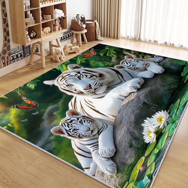 Washable Area Rug for Living Room 2x3 ft Animal White Tiger 3D Print Decor Carpet, Non Slip Stain Resistant Large Area Rugs, for Bedroom Dining Room Office
